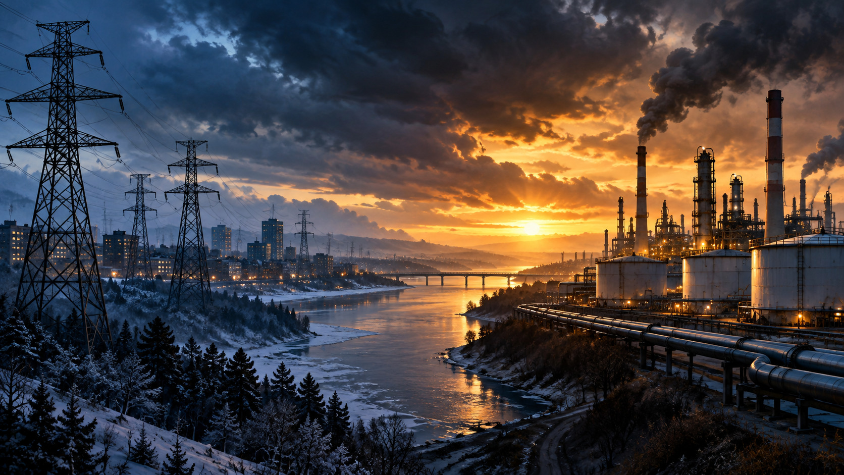 Symbolic editorial illustration of Russian and Ukrainian energy infrastructure and competing ceasefire claims; not a documentary photograph.