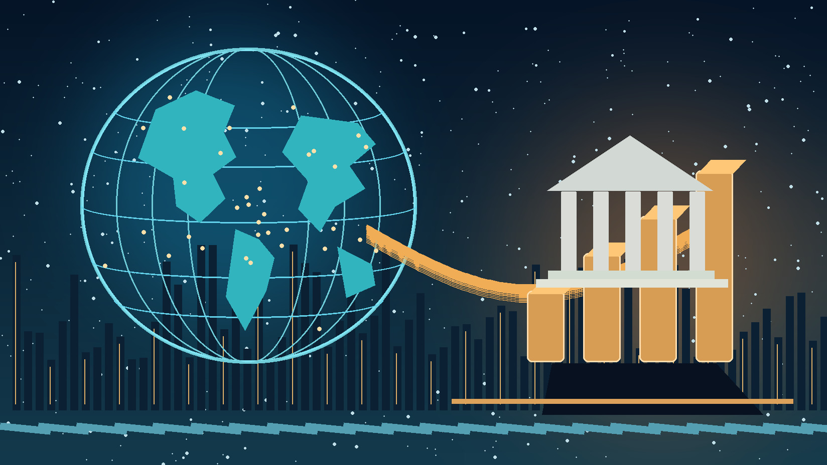 Symbolic editorial illustration: Symbolic world economy, finance and a safety-net idea; not documentary.. Not a documentary photograph of actual events.