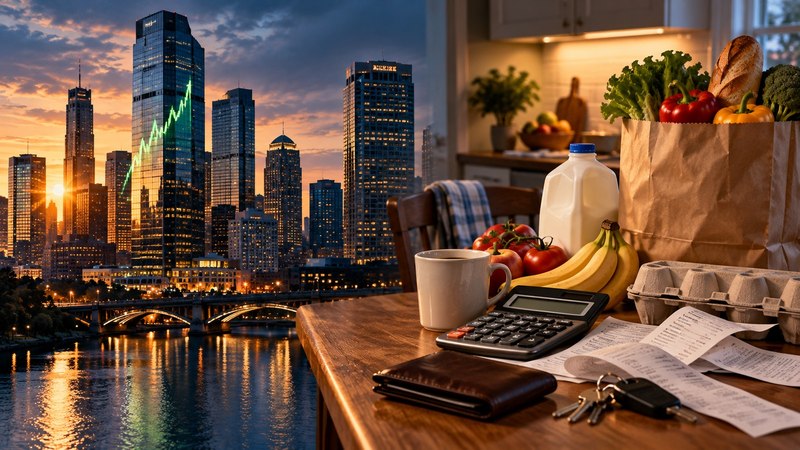 Symbolic editorial illustration for America's Wealth Is Growing — So Why Are So Many Households Struggling?; not a documentary photograph of actual events.