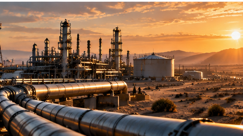Conceptual editorial illustration of oil-industry pipes, towers and storage tanks at sunset; not a photograph of the reported Aramco headquarters attack.
