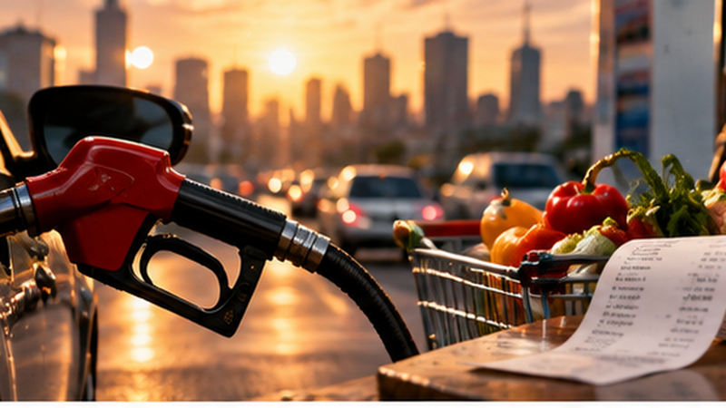 Conceptual editorial illustration of a gasoline nozzle, grocery basket and receipt against a city skyline; not a documentary photograph.