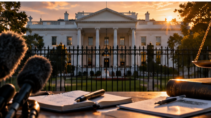 Conceptual editorial illustration of microphones and reporting materials outside the White House; not a documentary photograph of the court ruling.