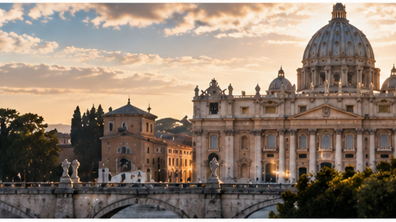 Conceptual editorial illustration of Saint Peter's Basilica and Vatican architecture; not a photograph documenting the Pope's surgery or recovery.