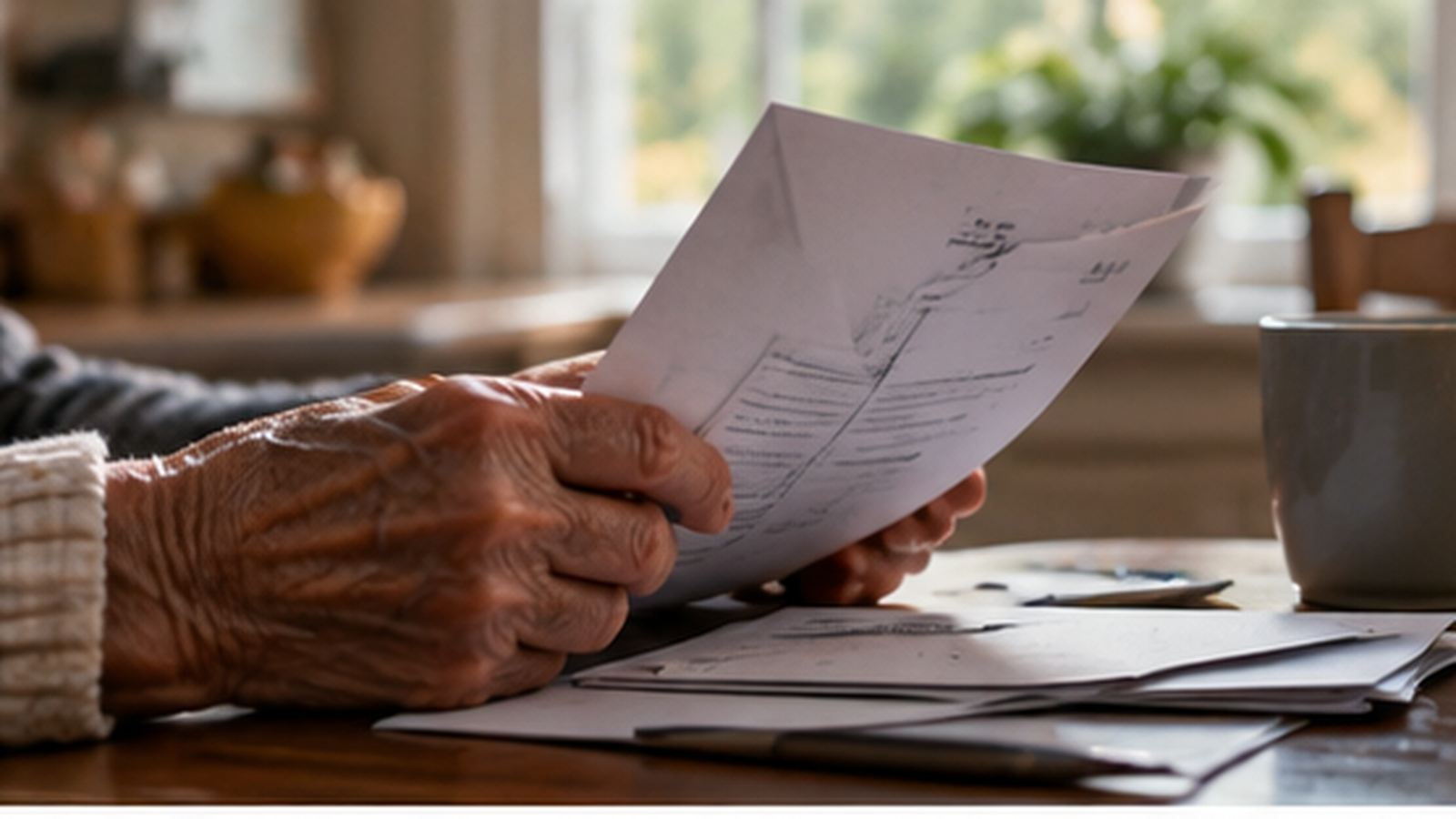 Conceptual editorial illustration of an older adult reviewing benefit documents at a table; not a documentary photograph or an actual beneficiary record.