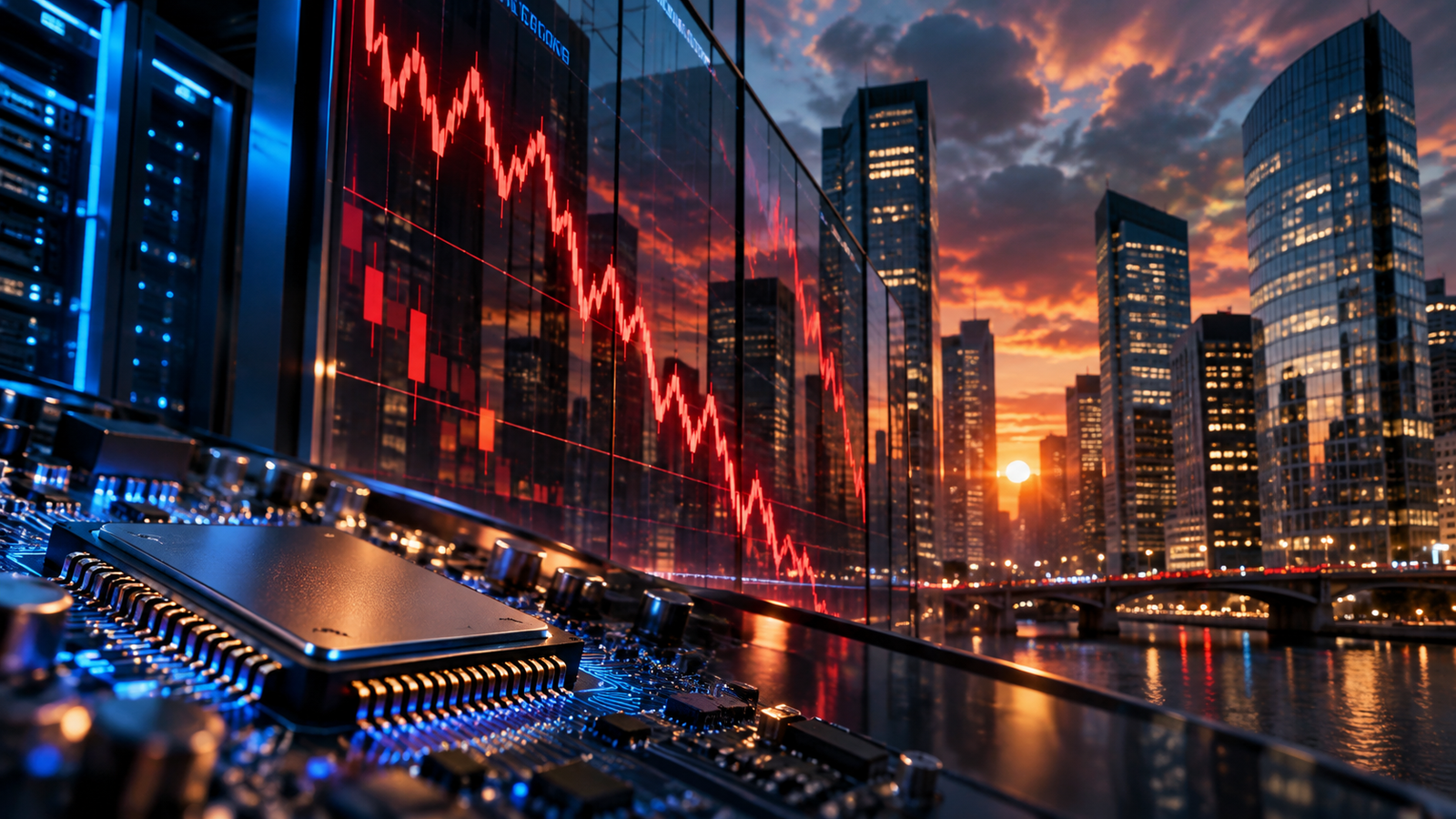 Symbolic editorial image illustrating the global technology stocks tumble as inflation and borrowing costs challenge the ai boom story; not a photograph of the actual event.