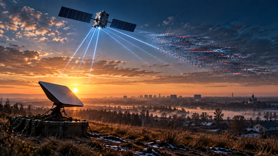 Symbolic illustration of a satellite communications link over Ukraine, representing temporary service restrictions and subsequent restoration; not a photograph of an actual military incident.