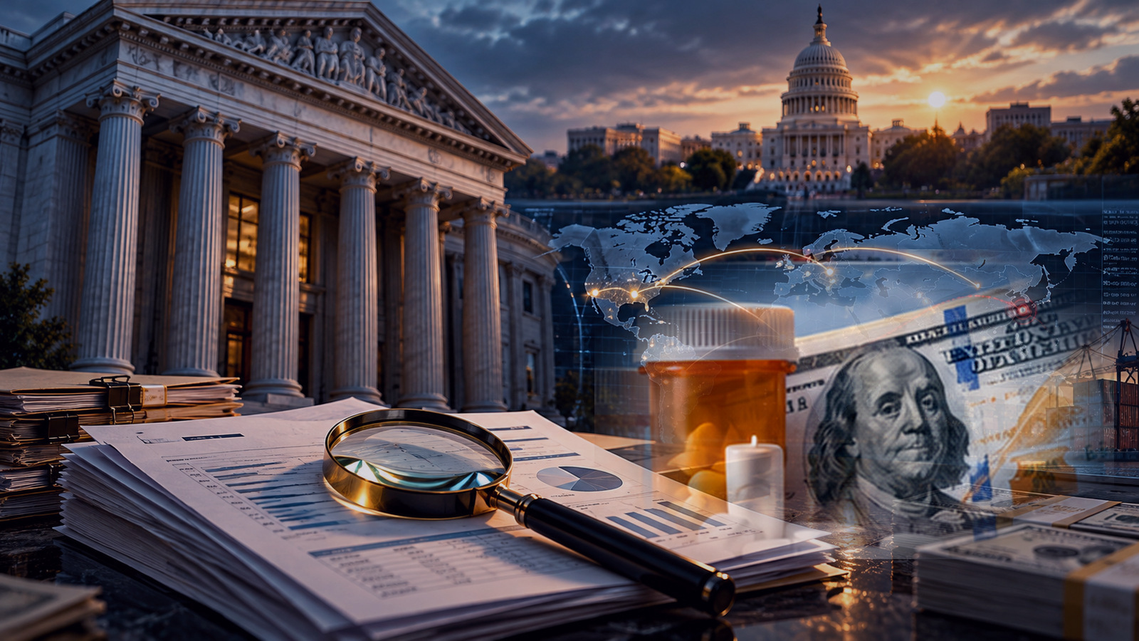 Conceptual scene combining medicine, investment records, Capitol and financial imagery; not documentation of a specific stock trade.