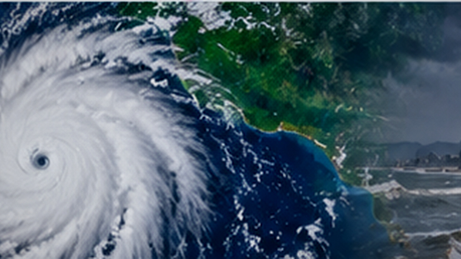 Stylized hurricane over ocean and coastline; not actual Trudy satellite imagery, geographic map or a forecast track.