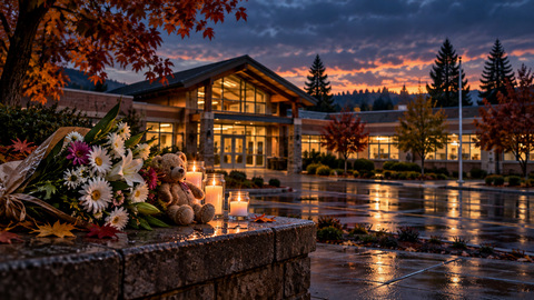 Symbolic evening-school memorial with flowers and candles outside an unidentified building; not a photograph of the Silver Rail incident.