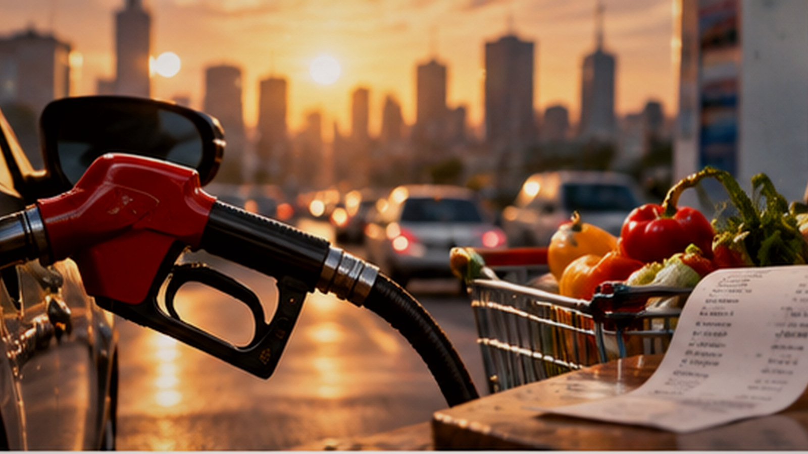 Conceptual fuel pump, grocery cart and receipts illustrating producer costs; not a specific price reading or real transaction.