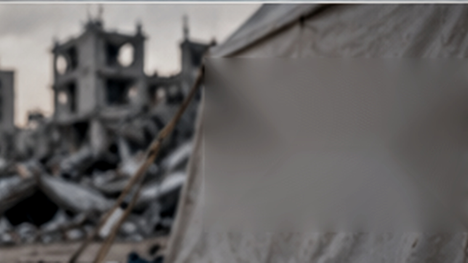 Symbolic empty shelter and damaged surroundings in Gaza-related humanitarian reporting, with no actual location or incident claimed.