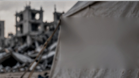 Symbolic empty shelter and damaged surroundings in Gaza-related humanitarian reporting, with no actual location or incident claimed.