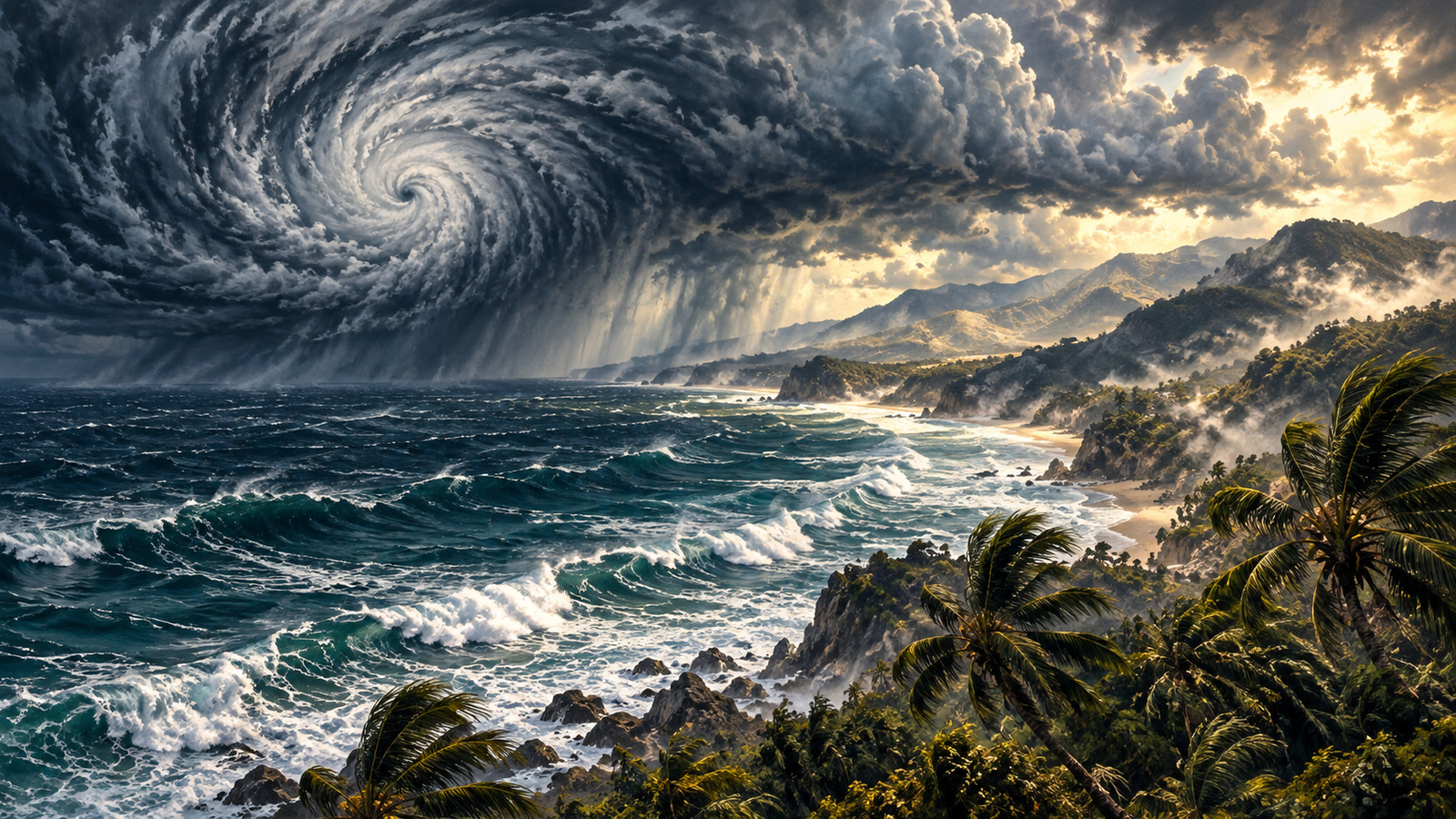 Symbolic painterly Pacific coastline below a large hurricane cloud system; not a real satellite image, map, predicted track or identifiable coastal location.