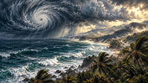 Symbolic painterly Pacific coastline below a large hurricane cloud system; not a real satellite image, map, predicted track or identifiable coastal location.