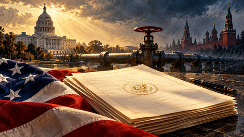 Symbolic painterly U.S. sanctions and energy-policy scene with official documents, U.S. Capitol and Kremlin skyline; not a documentary depiction of any negotiation.