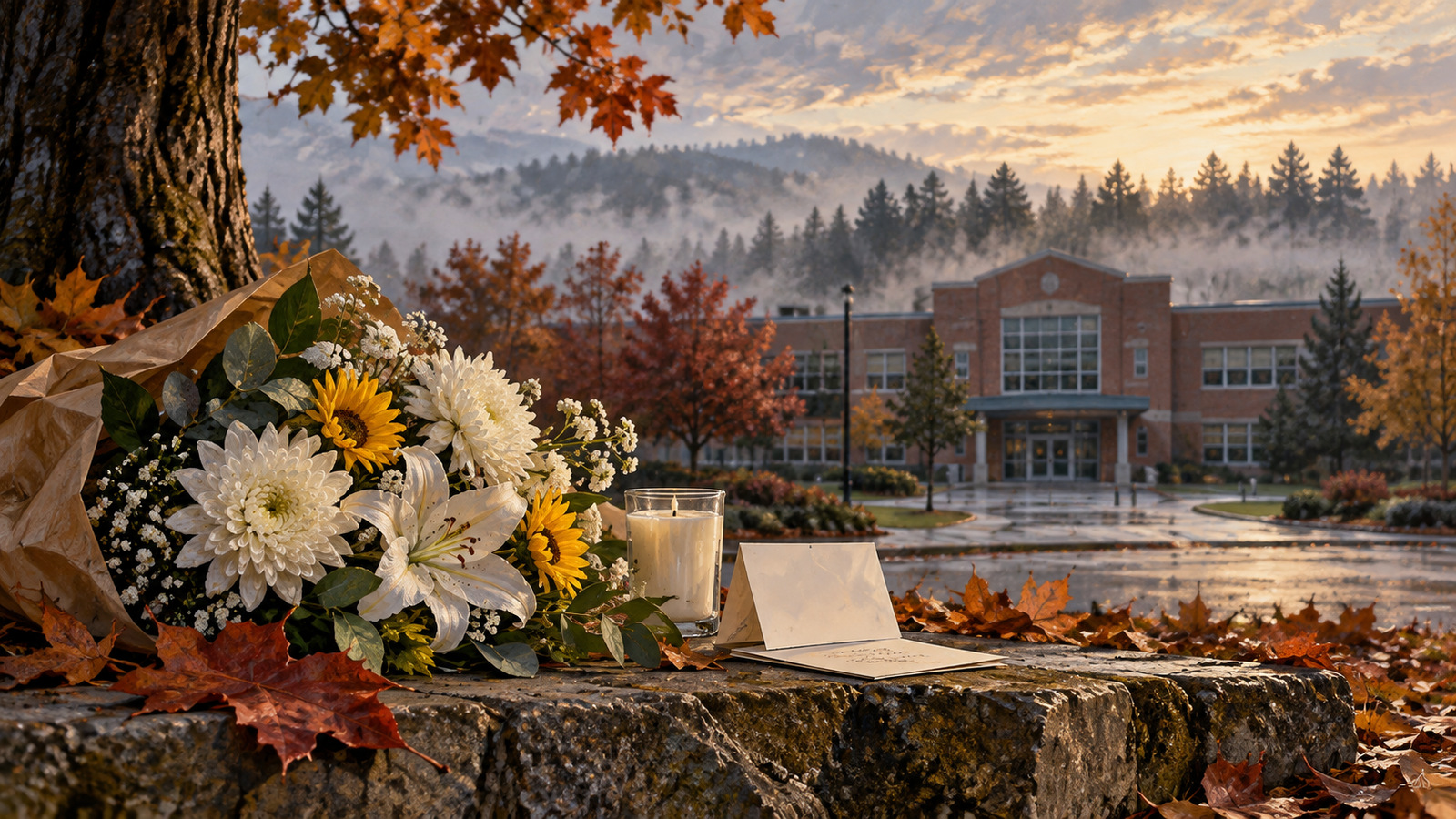Symbolic memorial flowers and cards outside an unidentified generic school on an autumn morning; not actual Silver Rail Elementary or a documentary photograph.