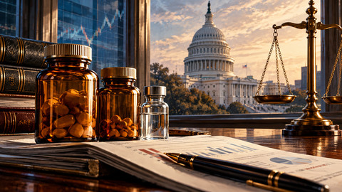 Symbolic editorial medicine-policy still life with generic prescription bottles, reports and a view of the U.S. Capitol; not proof of financial trades or wrongdoing.
