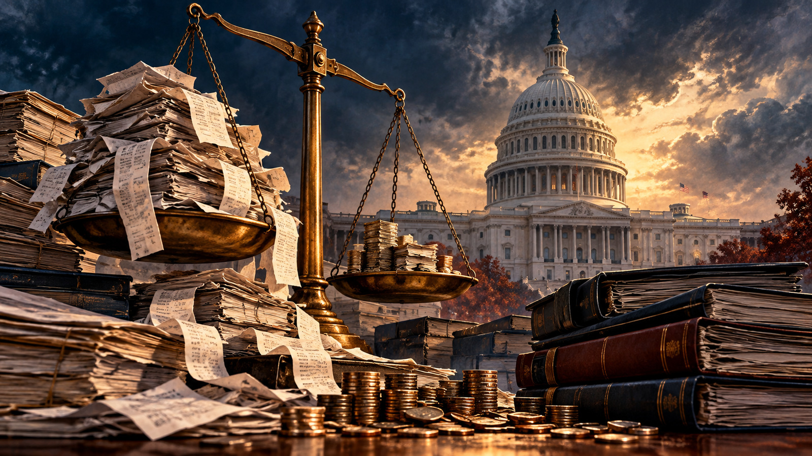 Symbolic editorial illustration of a national-government building and a brass scale burdened with government ledgers and paperwork; not an actual U.S. fiscal accounting scene.
