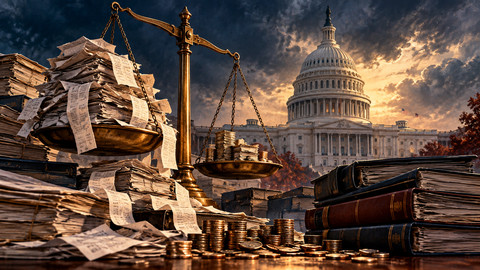 Symbolic editorial illustration of a national-government building and a brass scale burdened with government ledgers and paperwork; not an actual U.S. fiscal accounting scene.