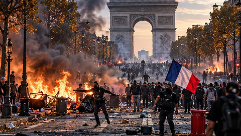 Symbolic editorial illustration of smoke, debris and French flags near a Paris landmark; an imagined scene, not a documentary photograph of the October 17 protests.