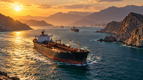 Symbolic editorial illustration of a large oil tanker in a narrow Persian Gulf coastal shipping passage at golden hour; not documentary imagery of any October 2026 transit.
