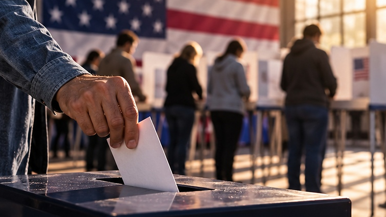 Symbolic editorial illustration of American voting and ballot materials with a softly blurred U.S. flag; not a photograph of the October 2026 polling or actual voters.