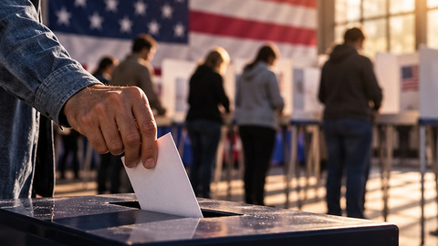 Symbolic editorial illustration of American voting and ballot materials with a softly blurred U.S. flag; not a photograph of the October 2026 polling or actual voters.