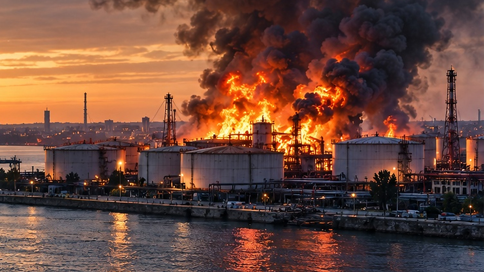 Symbolic editorial illustration of a nighttime industrial oil terminal fire beside water; not a documentary photograph of the October 18 St. Petersburg attacks.