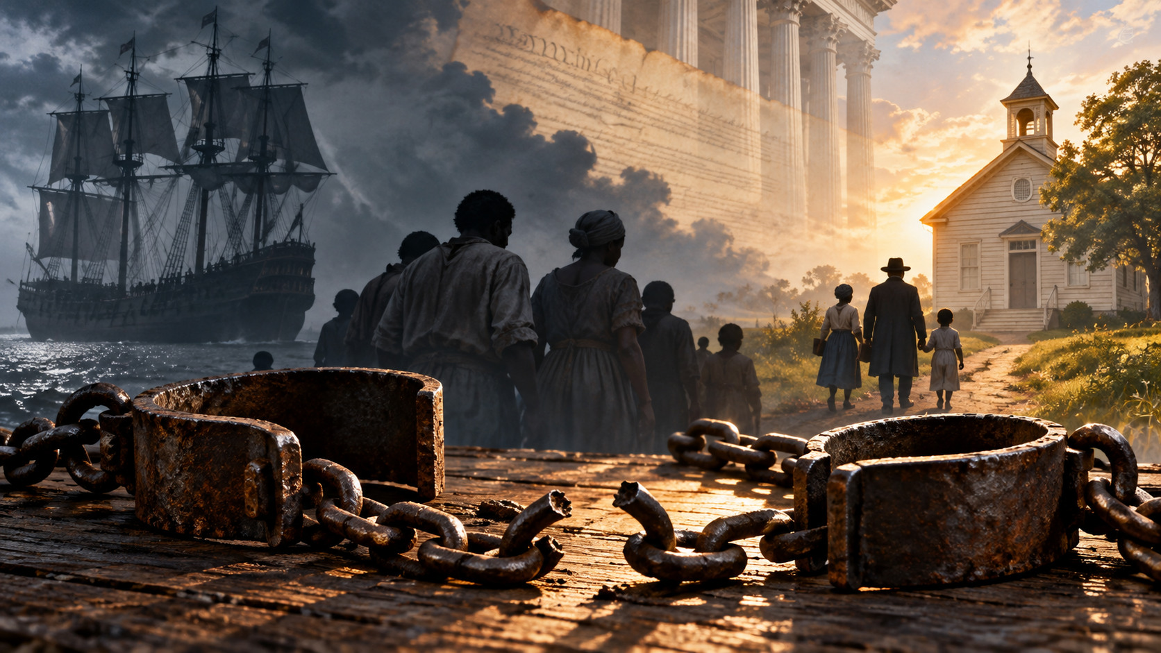 Symbolic editorial illustration of an Atlantic ship, broken shackles, and a path toward education and freedom; not a documentary photograph