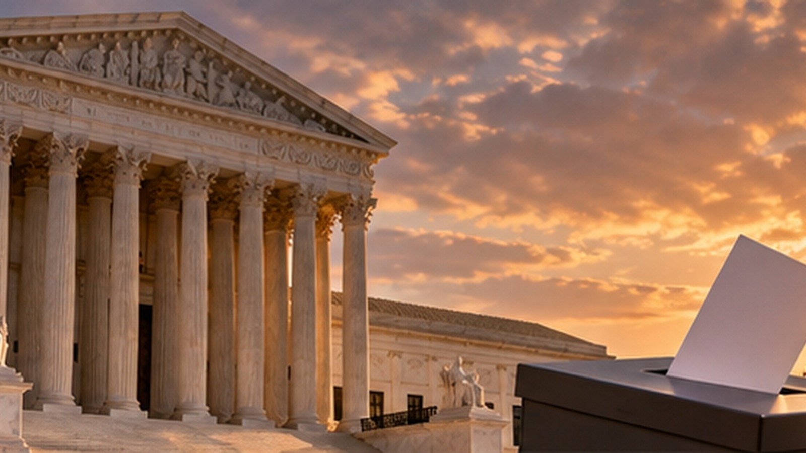 Symbolic editorial illustration of the United States Supreme Court building and election ballots.