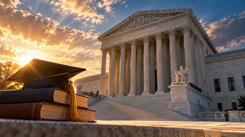 Symbolic AI-assisted editorial illustration of the U.S. Supreme Court building beside books and a graduation cap; not a documentary photograph of the Maryland admissions case.