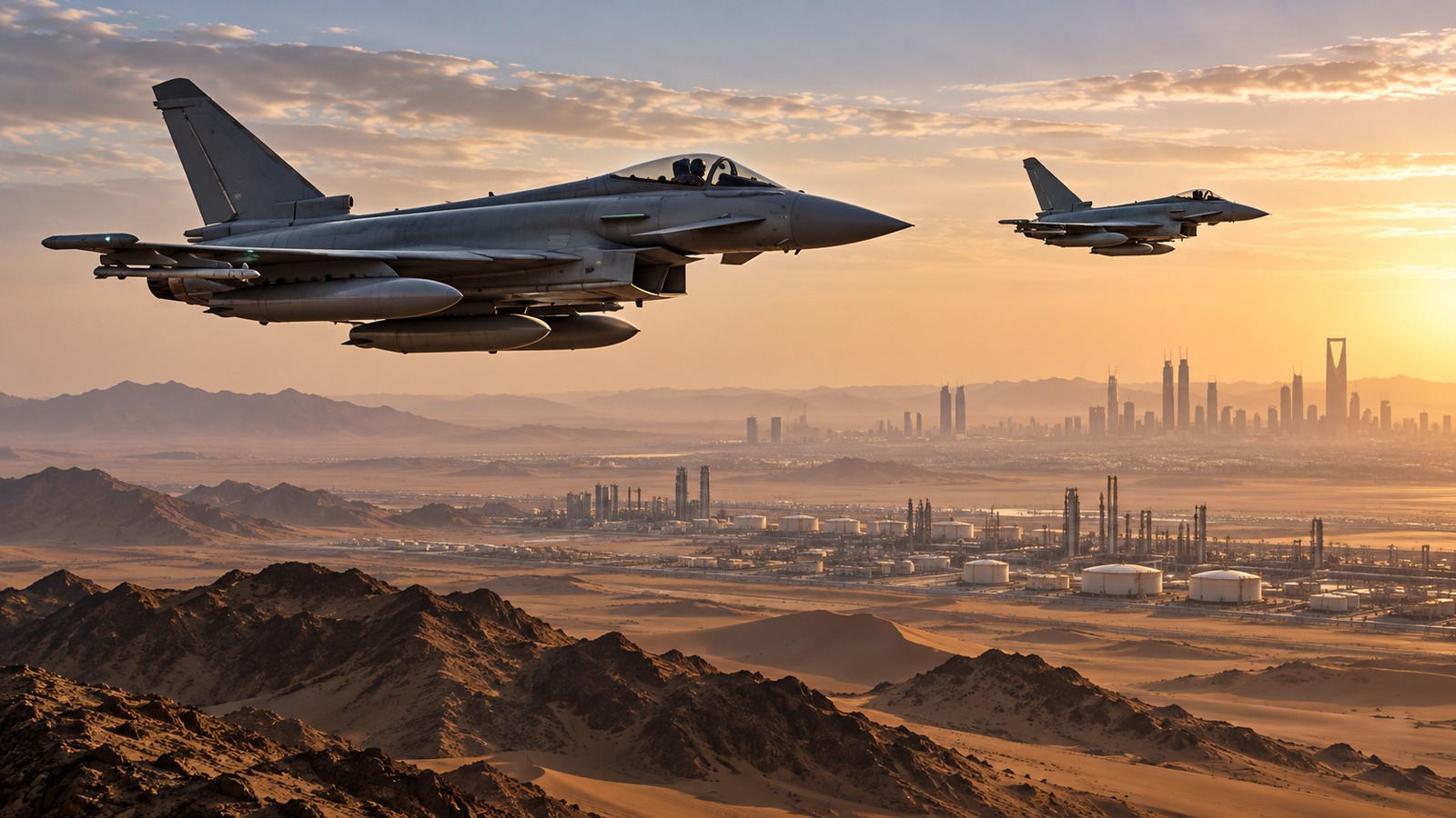 Symbolic AI-assisted editorial illustration of fighter aircraft above a Saudi city and desert landscape; not documentary imagery of an actual deployment or combat mission.