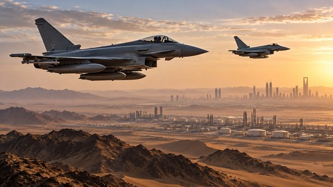 Symbolic AI-assisted editorial illustration of fighter aircraft above a Saudi city and desert landscape; not documentary imagery of an actual deployment or combat mission.