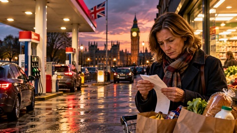 Symbolic AI-assisted editorial illustration for UK inflation rises to 3.5% as fuel prices squeeze household budgets; not a documentary photograph.