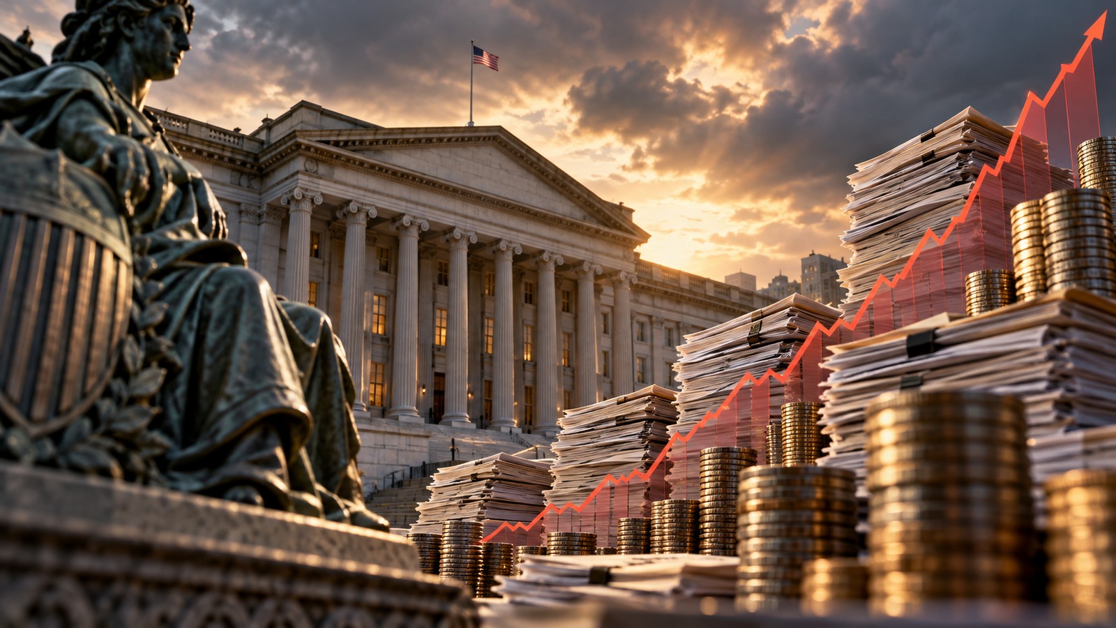 Symbolic AI-assisted editorial illustration of the U.S. Treasury building, coins, documents and a rising red line representing fiscal pressure; not a chart of measured data or a documentary photograph.