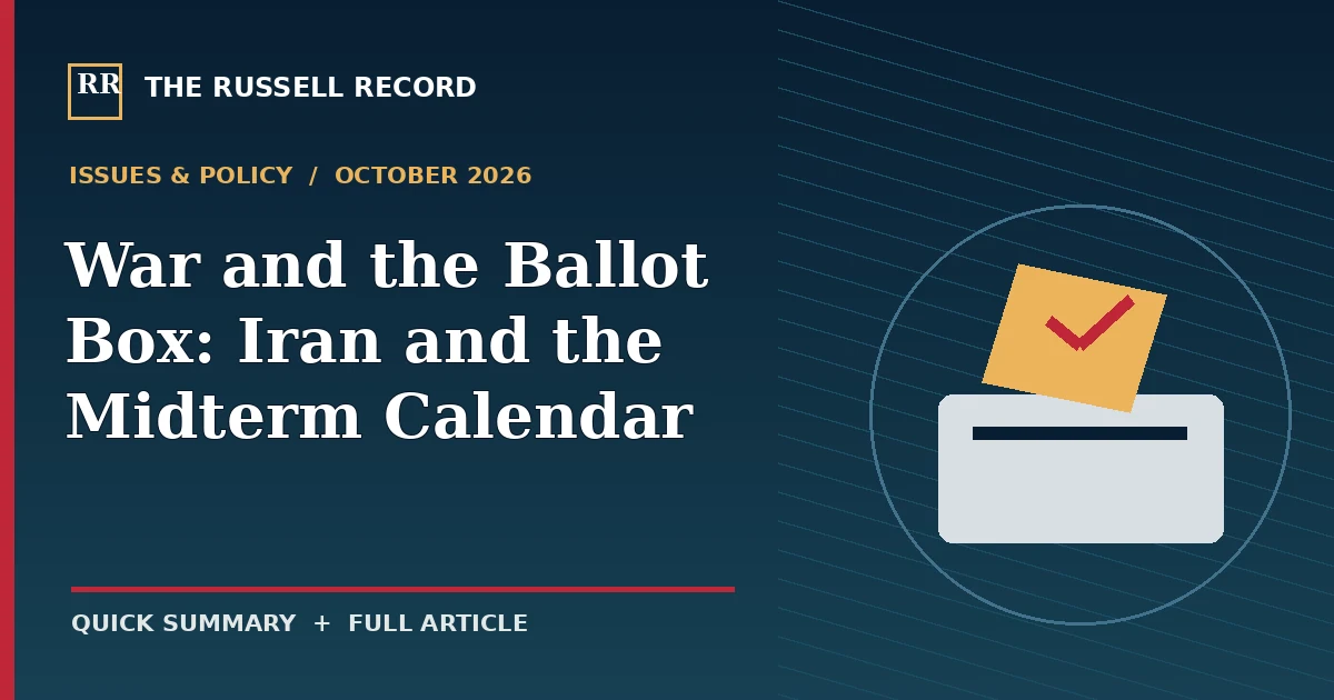 A custom editorial illustration and large headline for War and the Ballot Box: Iran and the Midterm Calendar
