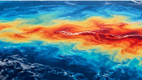 Symbolic editorial illustration of warm tropical Pacific waters and changing weather patterns.